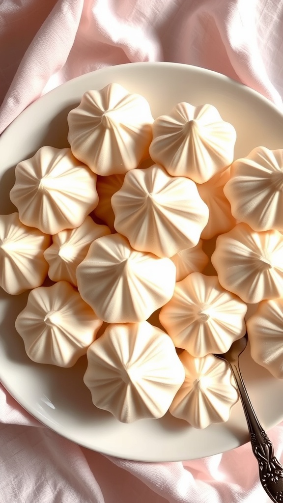 Light and crisp meringues arranged on a plate, showcasing their delicate texture.